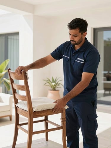 A professional UAE logistics crew member in a clean dark blue uniform, carefully wrapping a designer wooden chair with protective padding inside a bright, modern villa.