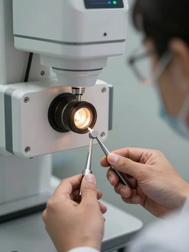 Close-up of a calibration tool measuring radiation output from a dental X-ray machine, hands of a specialized engineer in a clean uniform.
