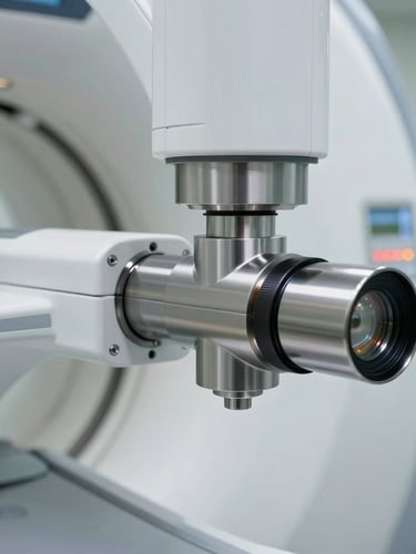 Macro close-up of a high-precision rotating arm of a modern CBCT dental scanner, clean steel and medical-grade white surfaces, bright clinical lighting