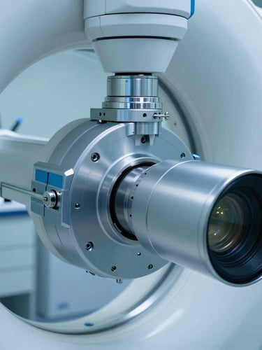 Macro shot of a high-tech dental CBCT scanner rotating arm joint, cool clinical blue tones, sharp focus on mechanical precision, sterile laboratory background.