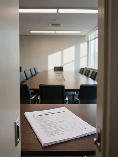 Wide-angle view of a corporate meeting room from the doorway threshold, a structured hiring brief document open on a dark conference table under neutral overhead lighting, empty chairs aligned precisely, window light cutting across the far wall — environmental, no people