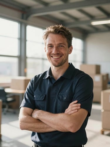 A bright, natural environmental portrait of a Dutch logistics coordinator smiling in a sunlit modern warehouse office, warm daylight streaming through large windows, soft depth of field.
