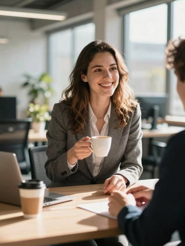 A warm, sunlit modern logistics office in Rotterdam, a friendly Dutch recruiter smiling while sharing coffee with a candidate, bright natural late summer morning light, shallow depth of field.