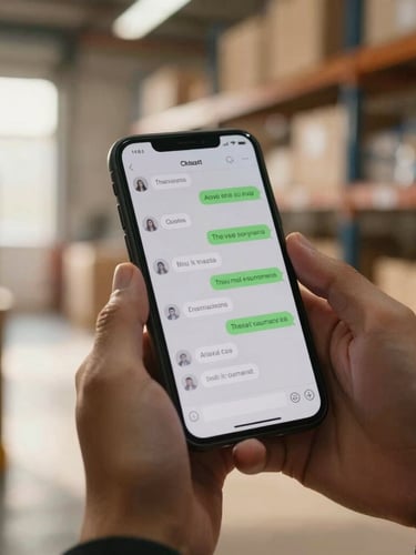 A close-up of hands holding a smartphone displaying a chat window, set against a background of a warm sunlit logistics hub with soft-focus wooden details, natural morning light.