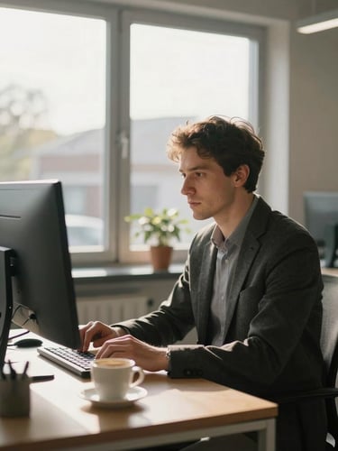 Bright, sunlit Dutch logistics office, a professional looking focused at a screen with a coffee cup nearby, warm morning daylight, soft depth of field.