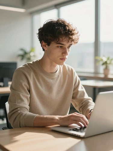 A candid medium shot of a young Dutch professional working on a laptop in a bright, modern office with soft sand tones, warm morning daylight streaming through the window, shallow depth of field.