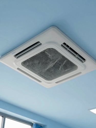 Pristine, clean industrial air conditioning installation, a modern Cassette unit seamlessly integrated into a clinical ceiling, bright natural daylight, cool blue tones, sharp focus