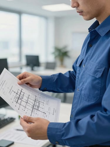 Close-up of a certified engineer in a clean uniform reviewing technical climate blueprints in a bright, modern corporate office, sharp focus, 35mm lens