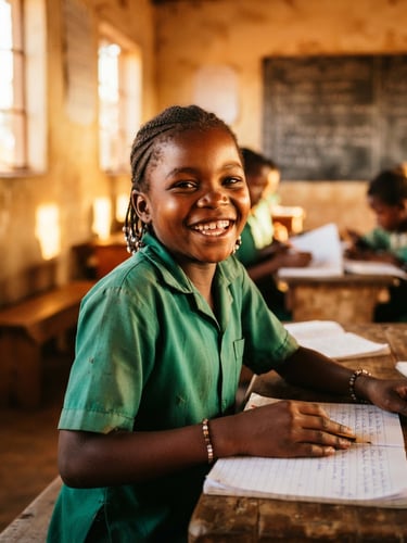 A warm, high-contrast portrait of a young Zambian student smiling in a sunlit classroom, golden-hour light, 35mm film style