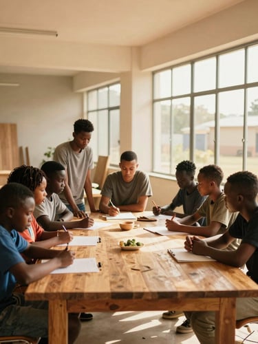 Bright, open interior of a modern workshop room in Lusaka, young people collaborating around a large wooden table, warm natural light, architectural lines, 35mm style.