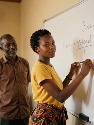 An environmental portrait of a young Zambian woman presenting her ideas on a whiteboard while her mentor watches proudly, warm workshop lighting, 35mm film style