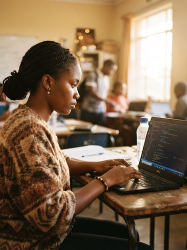A focused young Zambian woman coding on a laptop in a bright Lusaka classroom, warm golden-hour light filtering through windows, shallow depth of field, 35mm film style.