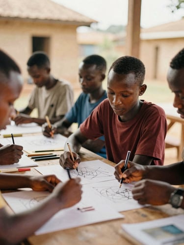 A vibrant workshop in Lusaka with young Zambians collaborating over a design prototype, warm natural light, shallow depth of field, 35mm film style.
