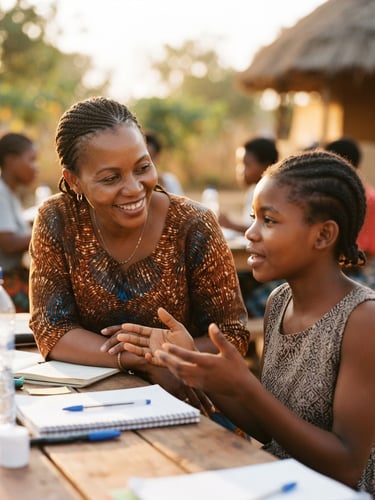 A warm medium close-up of a Zambian professional mentor smiling and listening to a teenager during a workshop, golden-hour natural light, shallow depth of field, 35mm film style