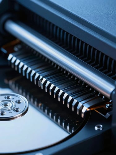 Macro close-up of industrial data shredder teeth slicing through hard drive platters, cool blue technical lighting, high-contrast crisp details.