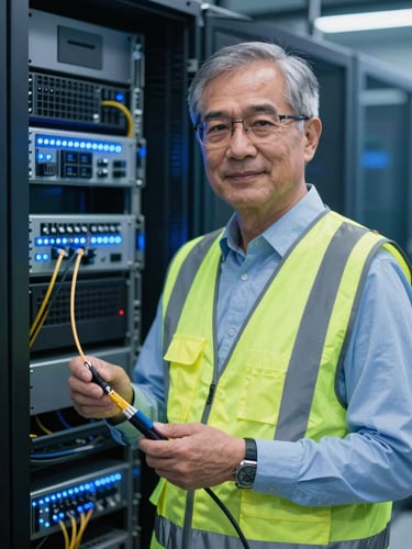 A professional editorial portrait of a senior Singaporean IT infrastructure engineer in a high-visibility safety vest, holding a fiber optic patch cable, cool technical blue LED server rack lighting in the background, sharp details, 35mm lens.