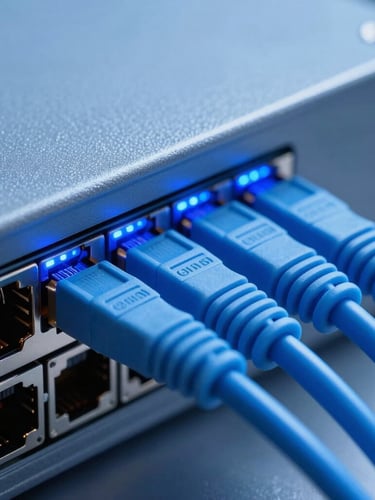 Macro close-up of blue fiber optic patch cables plugged into a clean server port, cool blue led lights, crisp technical photography, professional editorial style
