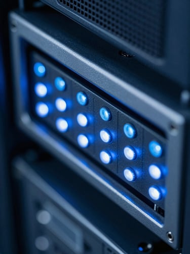 Macro close-up of blue and white LED server indicator lights on clean rack hardware, cool technical lighting, sharp details