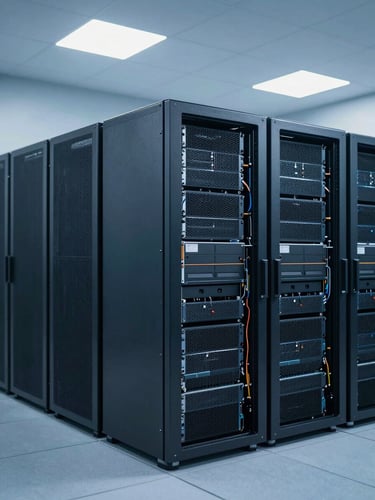 Secure hardware logistics warehouse in Singapore, clean rows of packaged servers, cool-toned overhead lighting