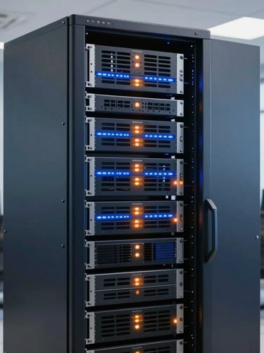 A clean, modern server rack in a secure data center with glowing blue and warm orange status lights, sharp focus, professional corporate setup.