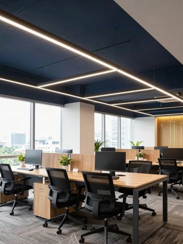 An architectural shot of a modern collaborative office space in Davao City, bright natural daylight, clean desks, professional atmosphere