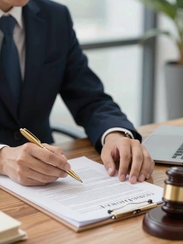 A professional legal consultant reviewing corporate contracts on a wooden desk with a warm gold pen, soft office lighting