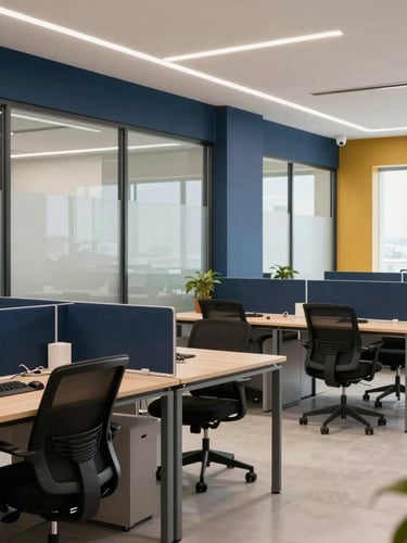 Bright, modern coworking space in Davao, clean desks, glass walls, natural daylight, professional corporate editorial photography with deep navy and warm gold accents.