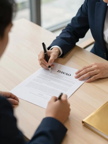 Overhead shot of a clean modern desk in Davao, a professional signing a referral agreement document, warm natural light, navy and gold accents