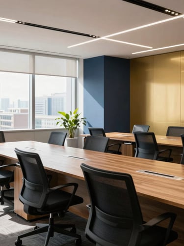 Medium shot of a bright and modern corporate office interior under natural daylight, featuring clean wooden desks, professional meeting spaces, and warm gold accents.