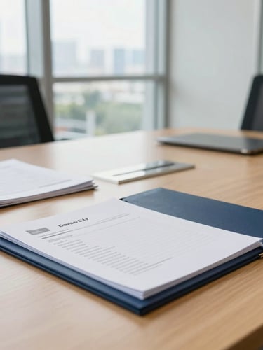 Bright, daylight-filled Davao City corporate office, clean meeting room table with structured business documents and folder, professional setting, sharp focus, 35mm lens