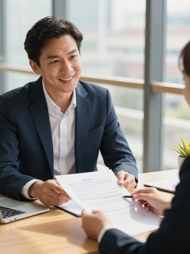 A professional business consultant in a bright, modern Davao office discussing documents with a client, warm natural daylight, navy and gold accents