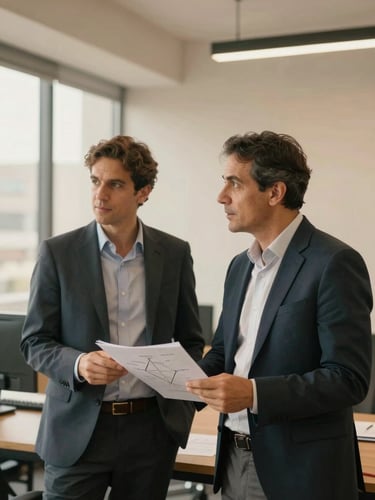 Medium environmental portrait of two corporate consultants discussing a roadmap in a modern Santiago office, warm sand light, professional and approachable, 35mm