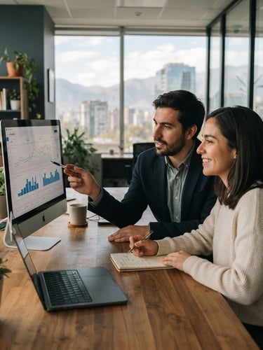 Un consultor de marketing chileno analizando un gráfico métrico junto a una emprendedora en una oficina moderna en Santiago, luz natural suave, tonos pizarra y arena, estilo editorial.