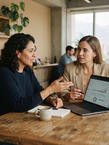 A collaborative 1:1 working session in a modern Santiago office, a strategist and a Chilean SME founder analyzing business metrics on a laptop, warm sand tones, soft natural daylight, shallow depth of field, 35mm