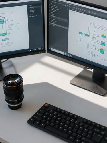 Direct top-down macro shot of a clean, modern workspace, dual monitors displaying system architecture diagrams, sharp shadows, cool daylight.