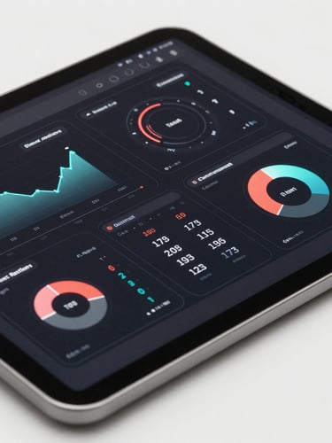 Macro shot of a tablet interface displaying high-contrast system architecture diagrams and performance metrics, clean studio lighting, sharp shadows.