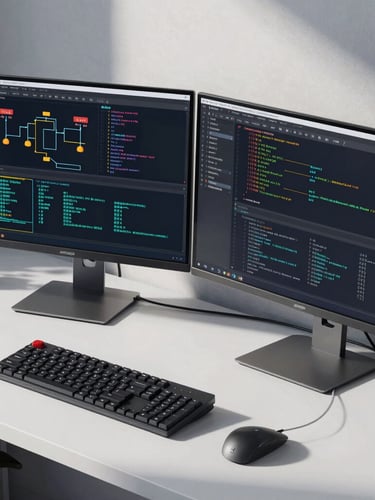 Sharp direct-angle shot of a clean modern developer workspace, dual monitors displaying complex system architecture diagrams and code, cool daylight, sharp technical shadows.