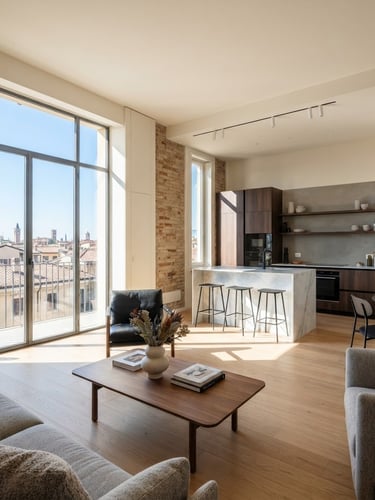 Wide architectural shot of a newly renovated, modern apartment interior in Verona, bright natural daylight streaming through large windows, showcasing high-quality finishes and clean lines. Focus on the living area with a view into a contemporary kitchen, no people, crisp focus.