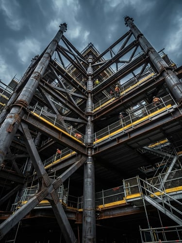 Low-angle heroic shot of massive structural steel framework under dramatic overcast daylight, highlighting precise steel joints and safety scaffolding.