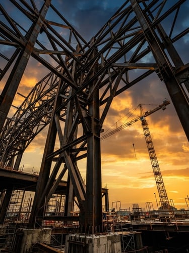 Low-angle heroic shot of massive structural steel frameworks under dramatic golden hour sky, industrial crane in background