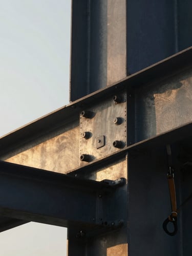Tight macro shot of structural steel joints with a safety harness anchored securely, golden hour light reflecting off steel textures.