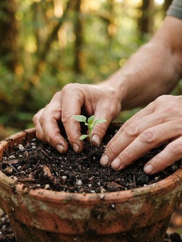 A close-up of hands gently potting a small green seedling in rich soil, soft warm morning daylight, shallow depth of field, natural forest green background.