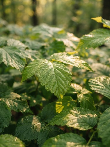 A close-up of vibrant green botanical leaves touched by warm morning light, soft gold reflections, shallow depth of field.
