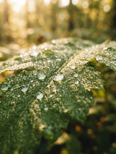 Macro shot of a vibrant green botanical leaf glistening with morning dew, soft golden sunlight filtering through, shallow depth of field, warm editorial photography