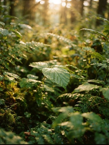 A quiet close-up of green botanical leaves with soft morning sunlight filtering through, warm golden tones, shallow depth of field