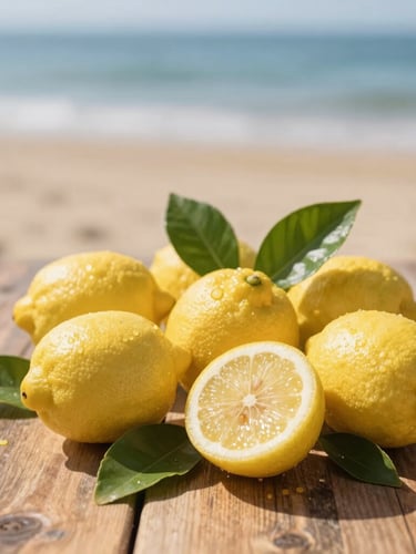 Close up of fresh lemons with green leaves on a rustic wooden table, bright natural Mediterranean sunlight, soft shadows