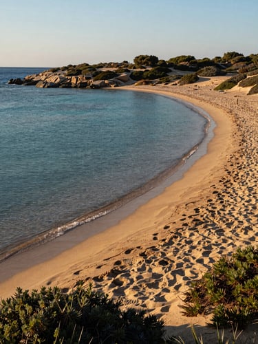 Wide panoramic shot of the sandy beach of Vendicari nature reserve under golden-hour sunlight, crystal clear turquoise water, wild Mediterranean scrub, warm sand tones