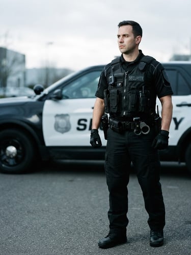 Uniformed security officer in tactical gear, looking alert, against a backdrop of a patrol vehicle, high-contrast cool daylight, 35mm