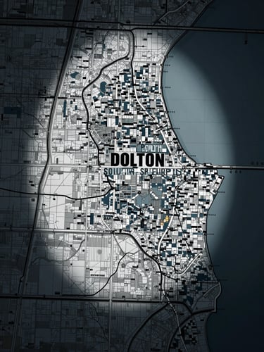 Map highlighting the Chicago South Suburbs area, centered on Dolton, IL, with a tactical overlay indicating patrol zones, high-contrast cool daylight, 35mm