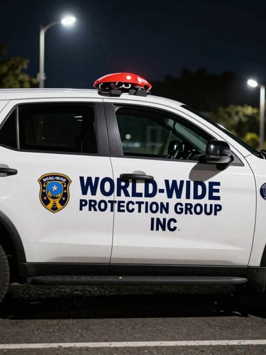 Medium close-up of a marked World-Wide Protection Group Inc. patrol vehicle, side profile, parked on a street at night under streetlights, high-contrast cool daylight, deep shadows, sharp details, tactical and professional, 35mm